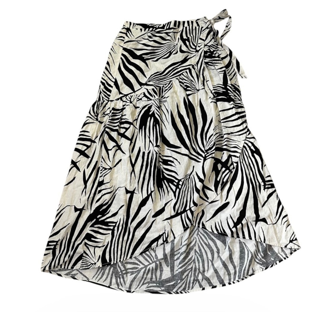 Rachel Zoe Black White Tropical Palm Linen Blend Wrap High Low Midi Skirt | 0299